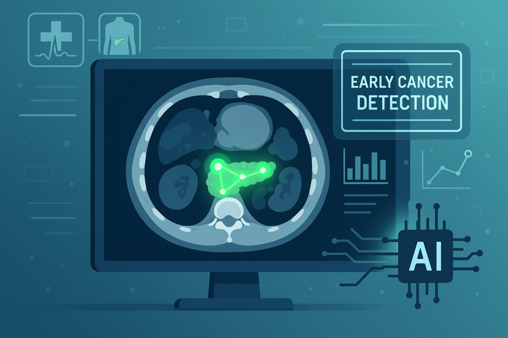AI detecting pancreatic cancer early on CT scan with glowing detection overlay