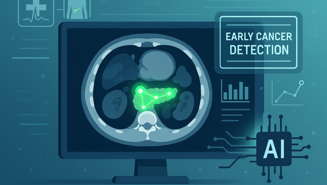 AI detecting pancreatic cancer early on CT scan with glowing detection overlay