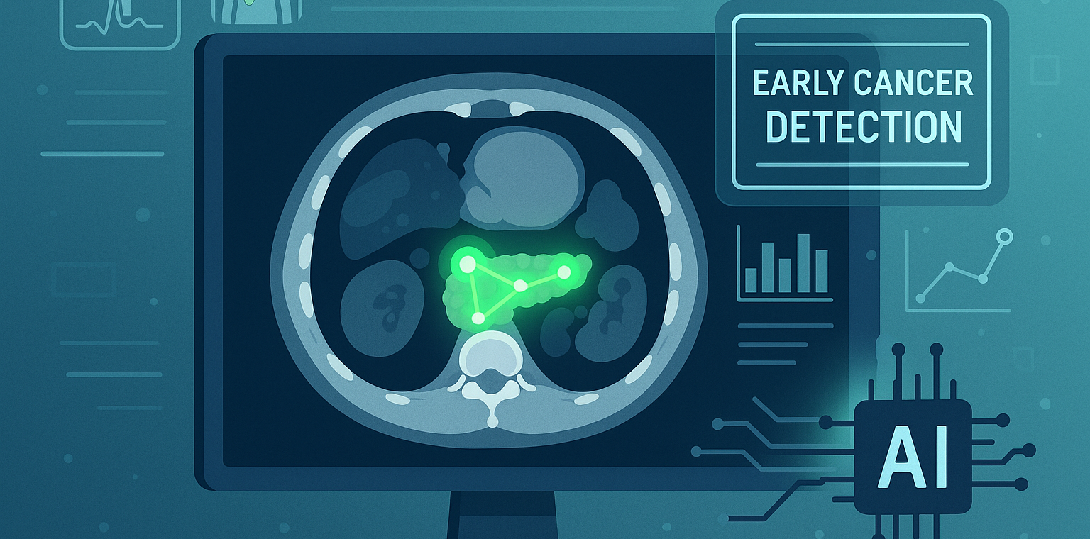 AI detecting pancreatic cancer early on CT scan with glowing detection overlay