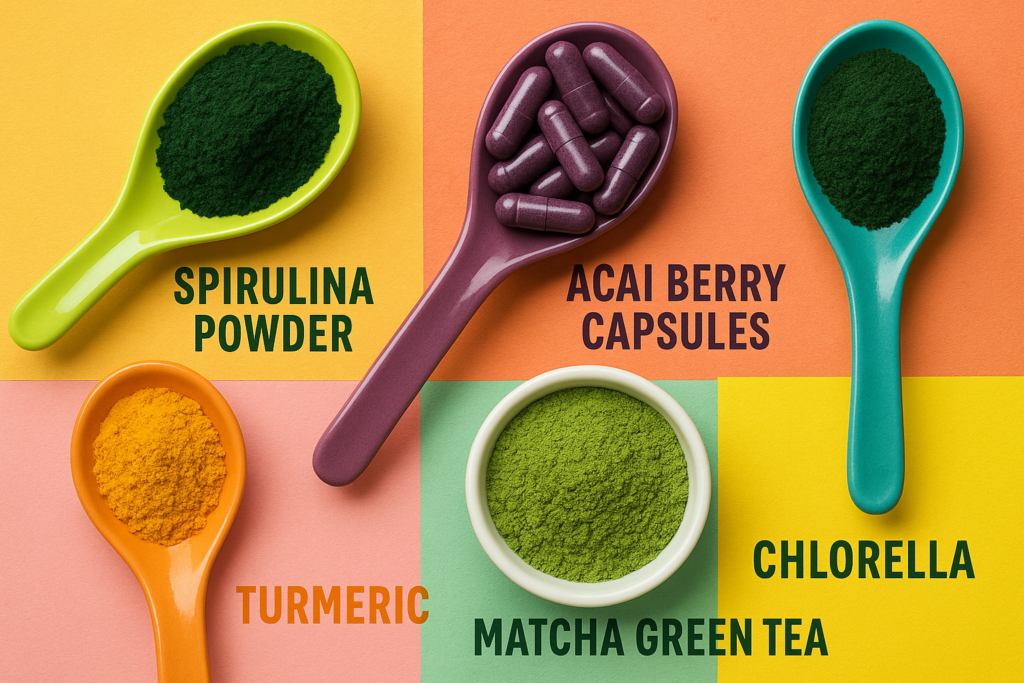 Superfoods in supplement form spirulina acai turmeric matcha