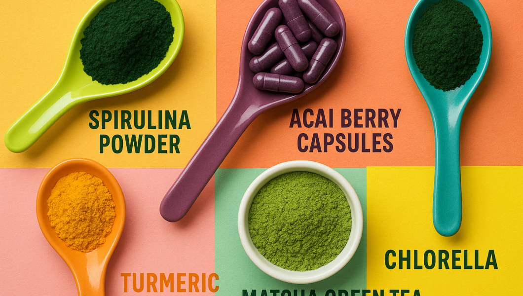 Superfoods in supplement form spirulina acai turmeric matcha