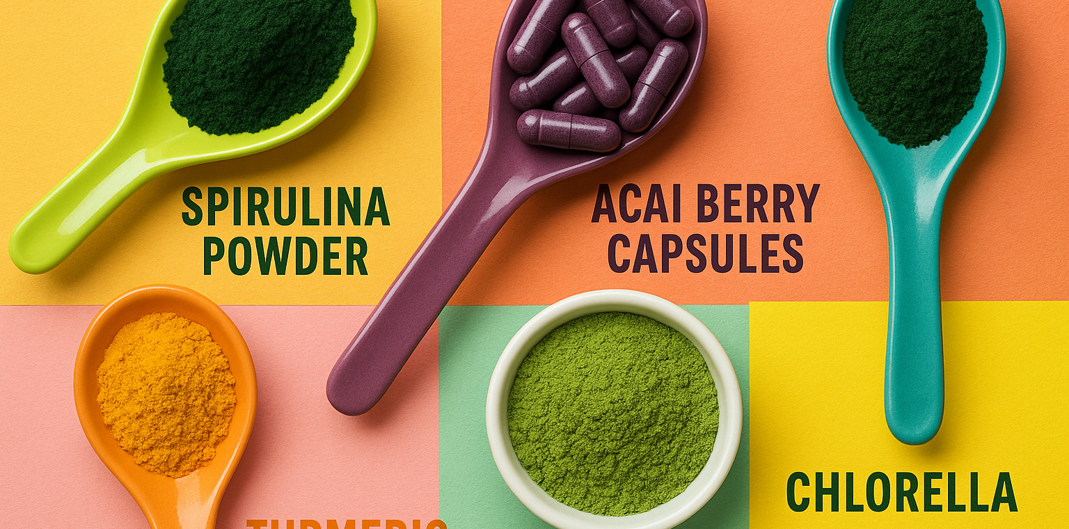 Superfoods in supplement form spirulina acai turmeric matcha