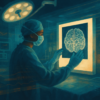 Editorial illustration of AI-driven cancer treatment prediction combining surgical and blood test data streams
