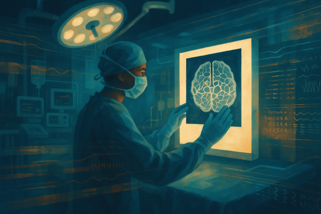Editorial illustration of AI-driven cancer treatment prediction combining surgical and blood test data streams