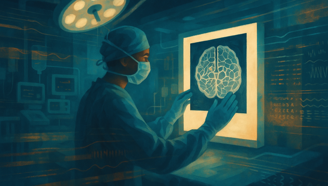 Editorial illustration of AI-driven cancer treatment prediction combining surgical and blood test data streams