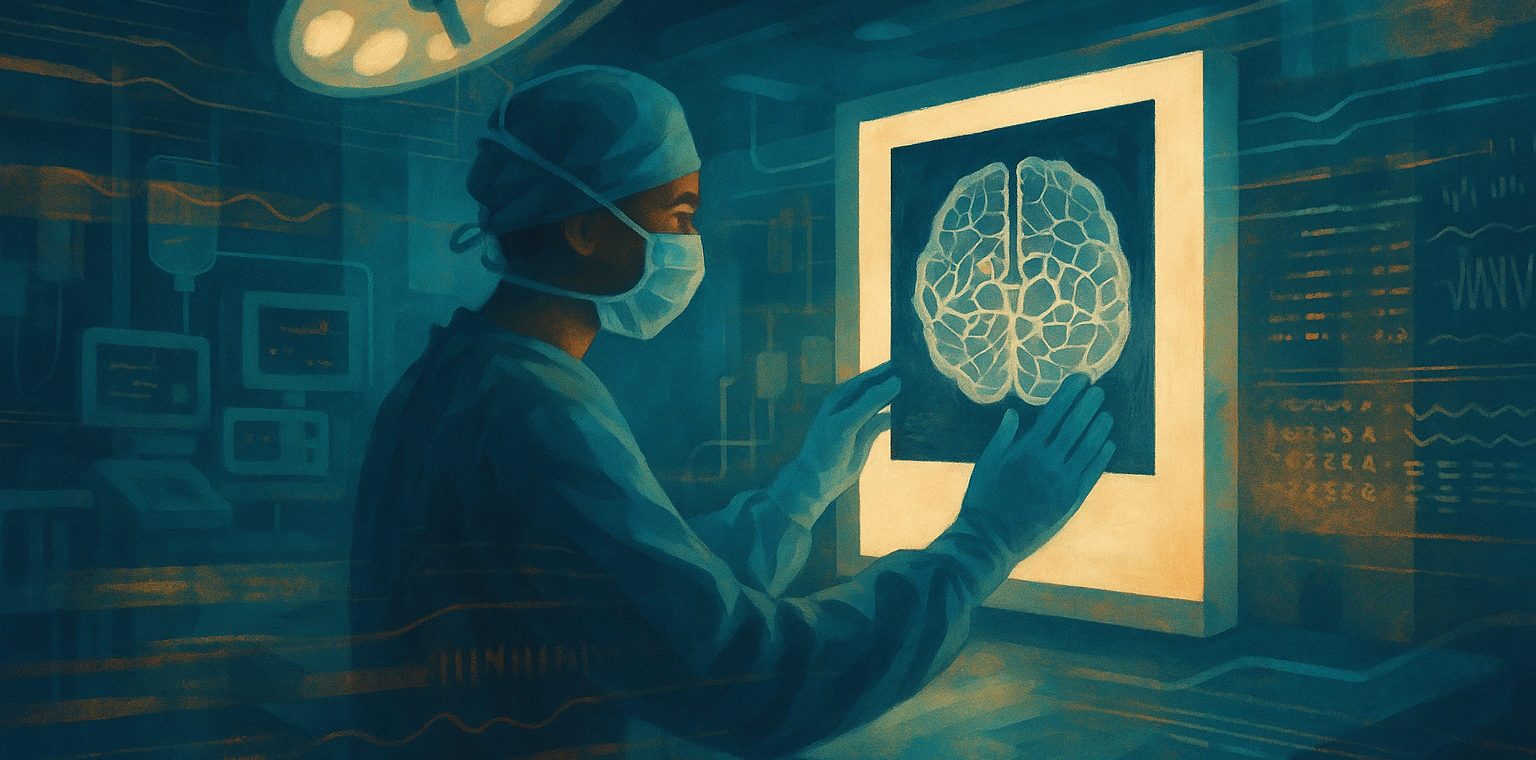 Editorial illustration of AI-driven cancer treatment prediction combining surgical and blood test data streams