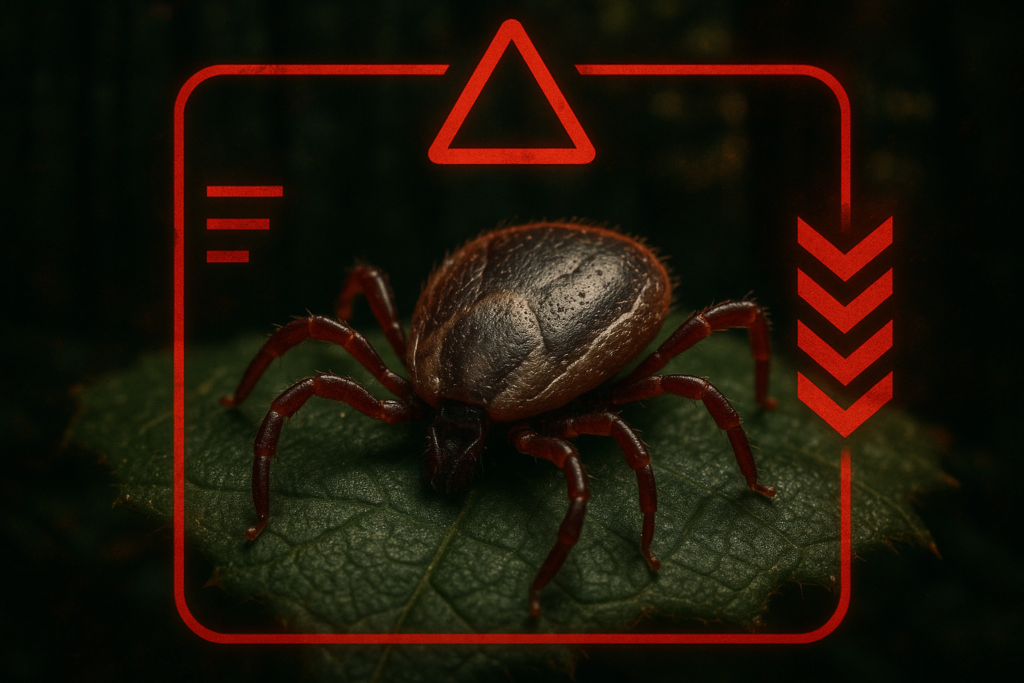 Lone Star tick close-up on human skin with warning about Alpha-Gal Syndrome and tick-borne illness