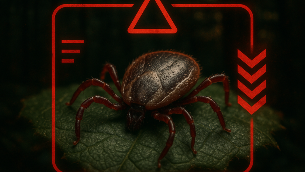 Lone Star tick close-up on human skin with warning about Alpha-Gal Syndrome and tick-borne illness