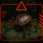 Lone Star tick close-up on human skin with warning about Alpha-Gal Syndrome and tick-borne illness