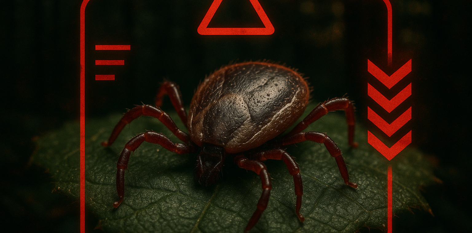 Lone Star tick close-up on human skin with warning about Alpha-Gal Syndrome and tick-borne illness