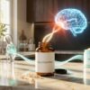 Glucosamine supplement bottle next to a translucent blue brain model on a white surface, visualizing the glucosamine dementia risk joint supplement debate.