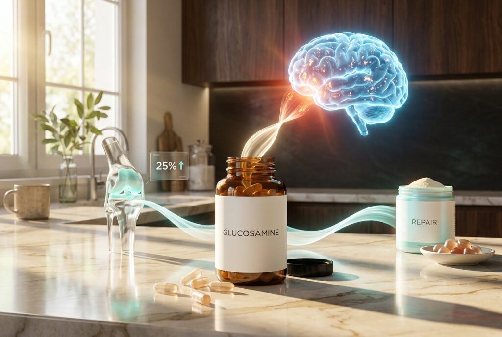 Glucosamine supplement bottle next to a translucent blue brain model on a white surface, visualizing the glucosamine dementia risk joint supplement debate.