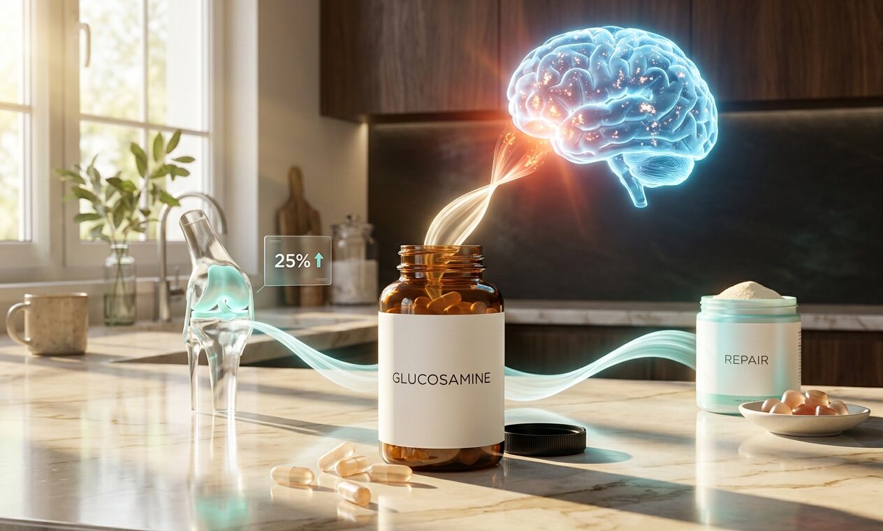 Glucosamine supplement bottle next to a translucent blue brain model on a white surface, visualizing the glucosamine dementia risk joint supplement debate.