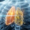 Chest CT scan on a lightbox with blue overlay highlighting the thymus gland, supplement bottles representing immune support nearby