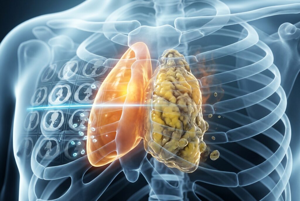Chest CT scan on a lightbox with blue overlay highlighting the thymus gland, supplement bottles representing immune support nearby