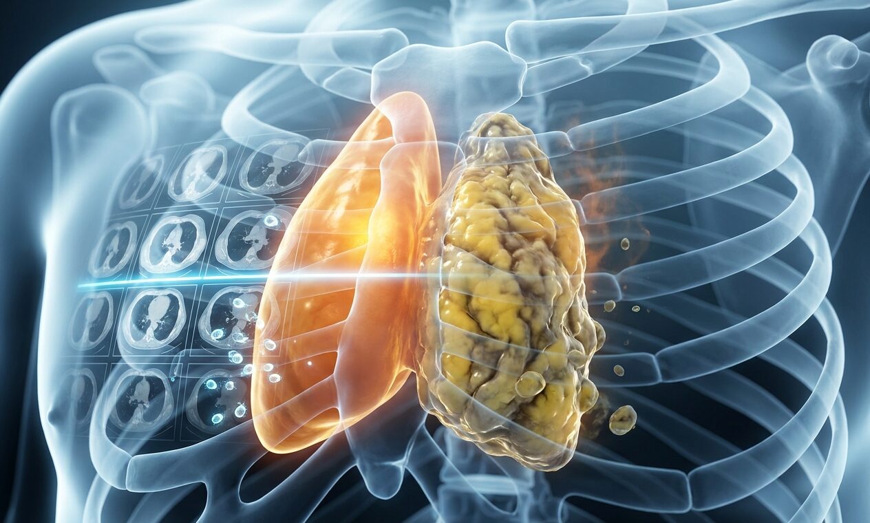 Chest CT scan on a lightbox with blue overlay highlighting the thymus gland, supplement bottles representing immune support nearby