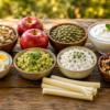 Eleven everyday snacks on a kitchen counter that help combat blood sugar spikes, including pistachios, edamame, apple with nut butter, and Greek yogurt