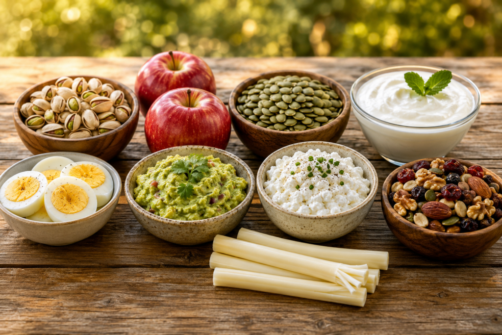 Eleven everyday snacks on a kitchen counter that help combat blood sugar spikes, including pistachios, edamame, apple with nut butter, and Greek yogurt