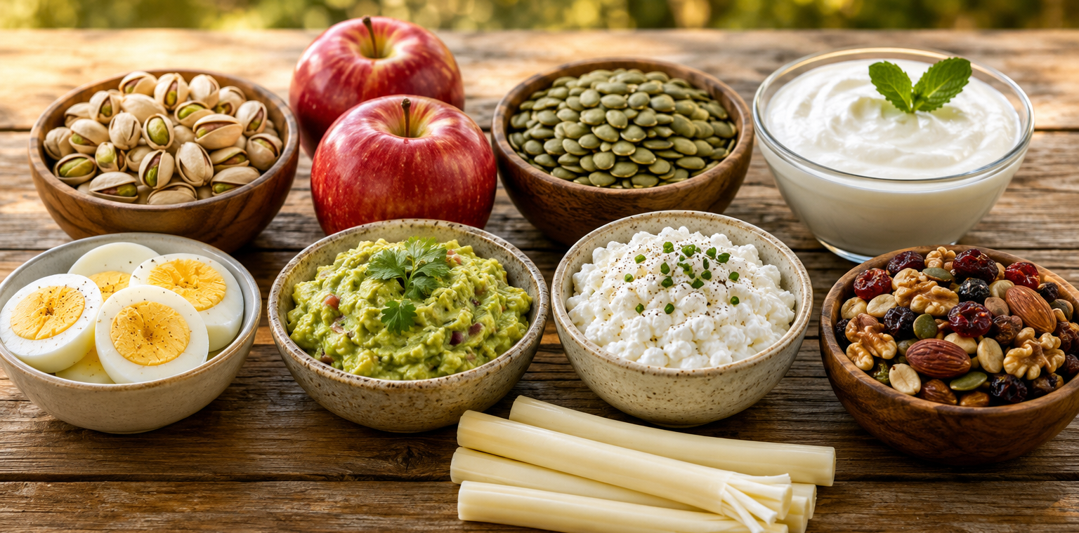 Eleven everyday snacks on a kitchen counter that help combat blood sugar spikes, including pistachios, edamame, apple with nut butter, and Greek yogurt
