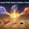 Five choline-rich foods, including beef kidney, beef liver, caviar, chicken liver, and soybeans, arranged on a kitchen counter
