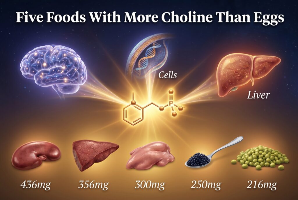 Five choline-rich foods, including beef kidney, beef liver, caviar, chicken liver, and soybeans, arranged on a kitchen counter
