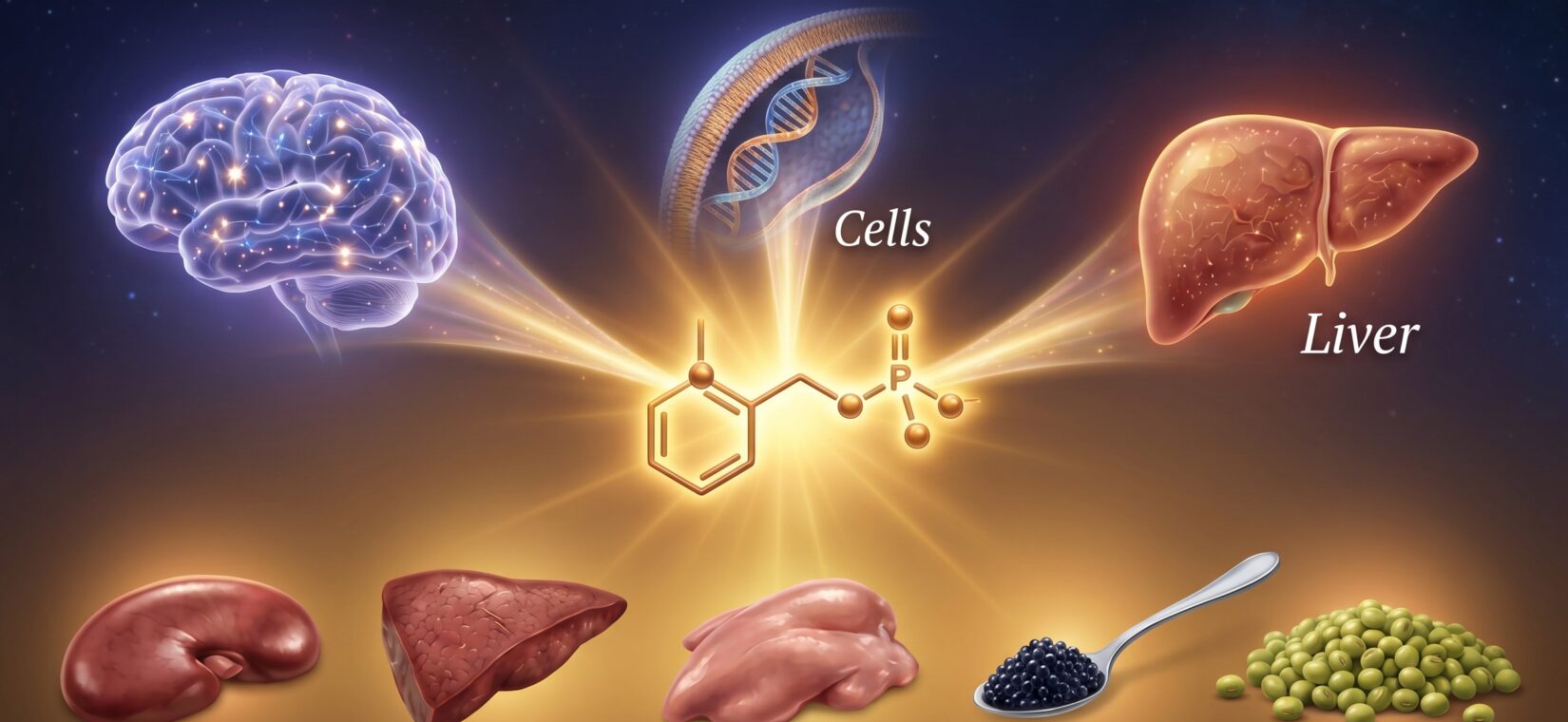Five choline-rich foods, including beef kidney, beef liver, caviar, chicken liver, and soybeans, arranged on a kitchen counter