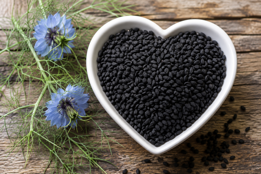Black seed, powder, and oil on a kitchen counter alongside flatbread and roasted vegetables, illustrating Nigella sativa cardiovascular research.