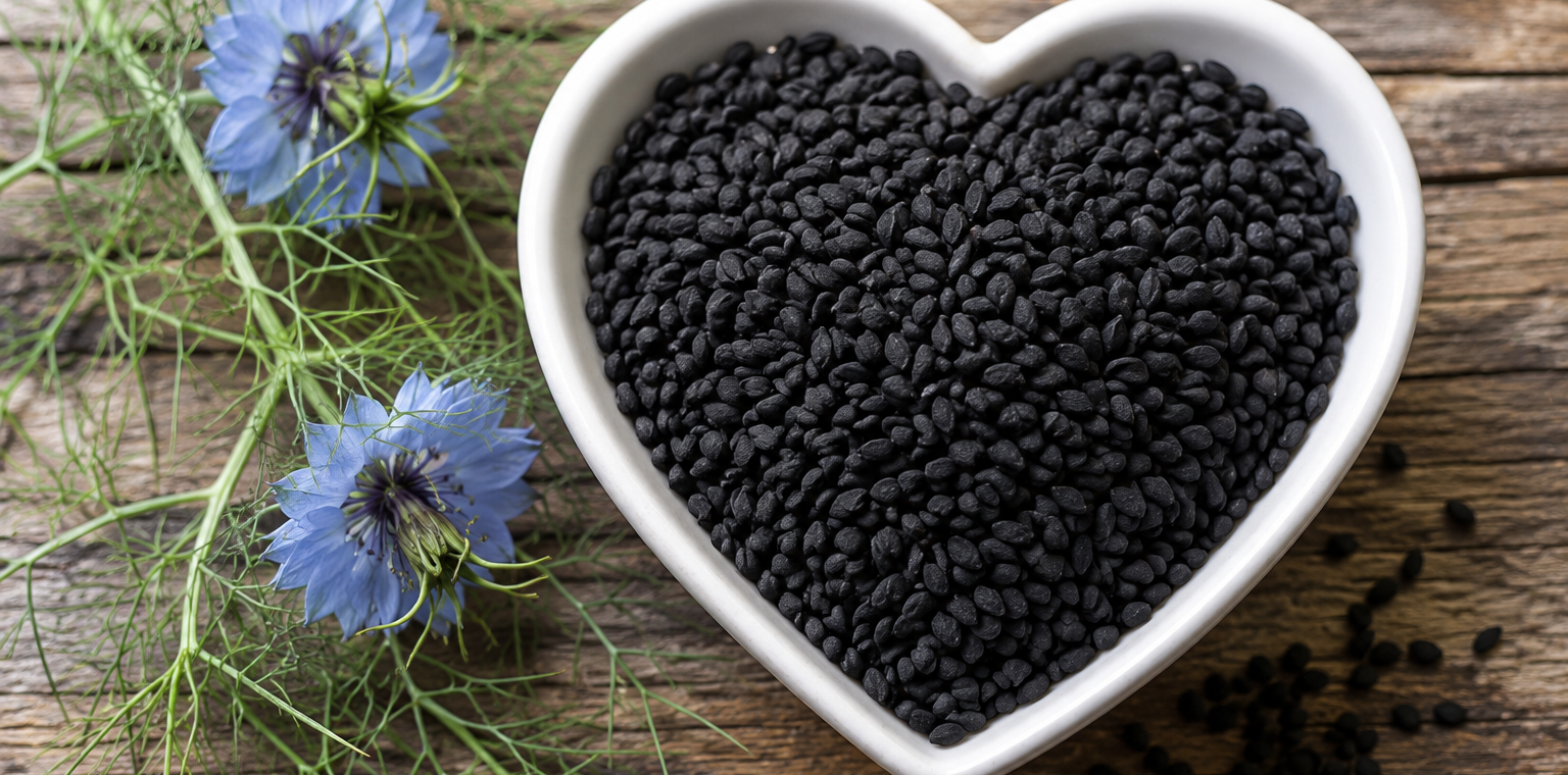Black seed, powder, and oil on a kitchen counter alongside flatbread and roasted vegetables, illustrating Nigella sativa cardiovascular research.