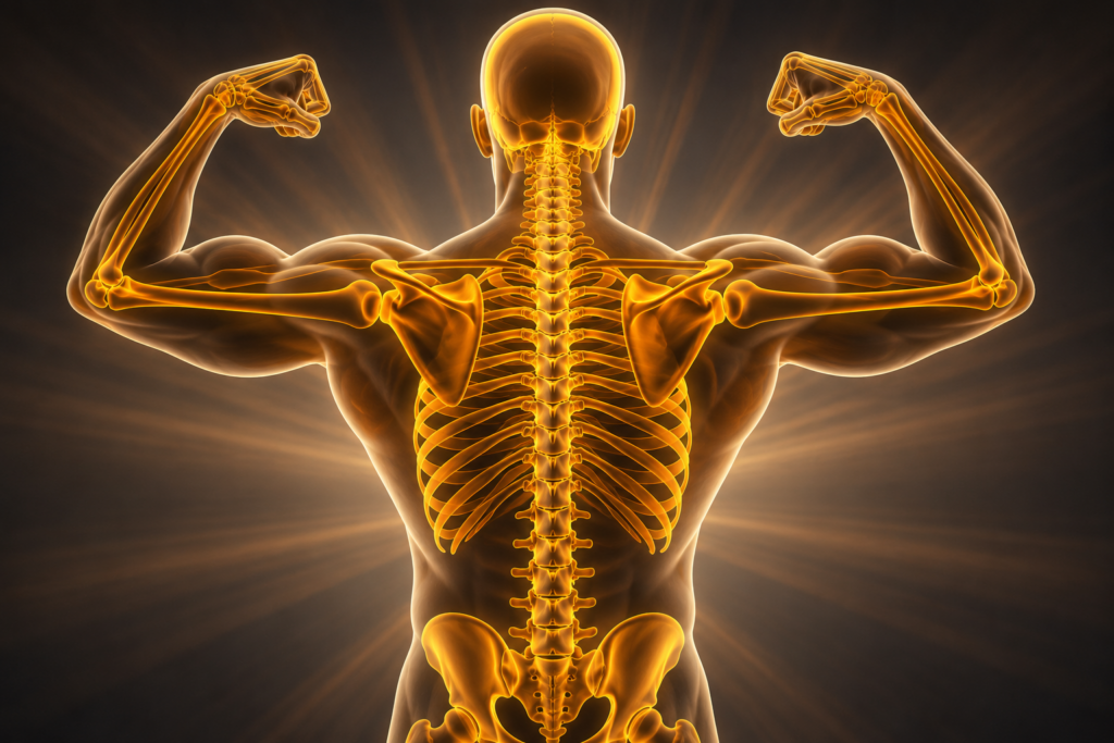 Illustration of a skeleton performing a squat jump surrounded by calcium and vitamin-rich foods, representing bone health through nutrients and exercise.