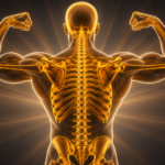 Illustration of a skeleton performing a squat jump surrounded by calcium and vitamin-rich foods, representing bone health through nutrients and exercise.