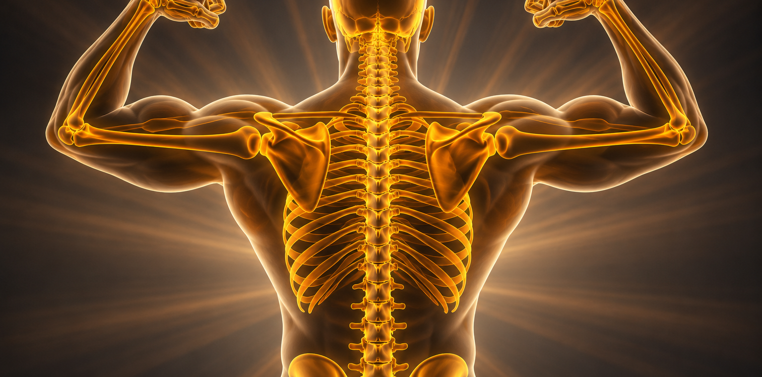 Illustration of a skeleton performing a squat jump surrounded by calcium and vitamin-rich foods, representing bone health through nutrients and exercise.