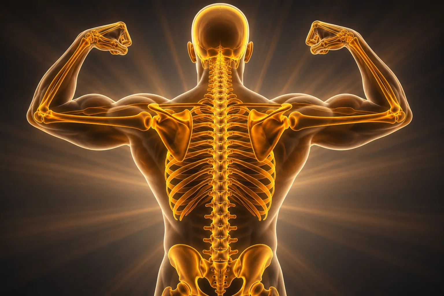 Skeleton mid squat jump surrounded by calcium and vitamin rich foods