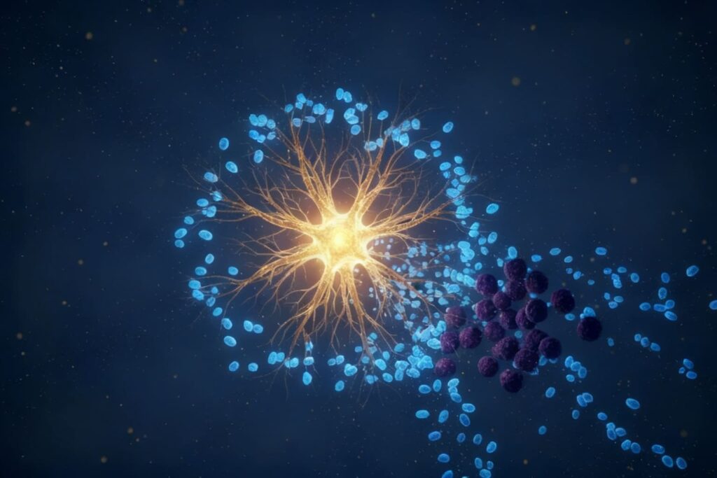 Illustration of a dendritic immune cell attacking tumor cells