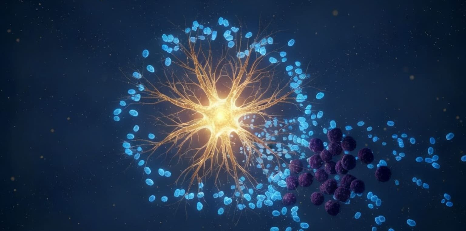 Illustration of a dendritic immune cell attacking tumor cells