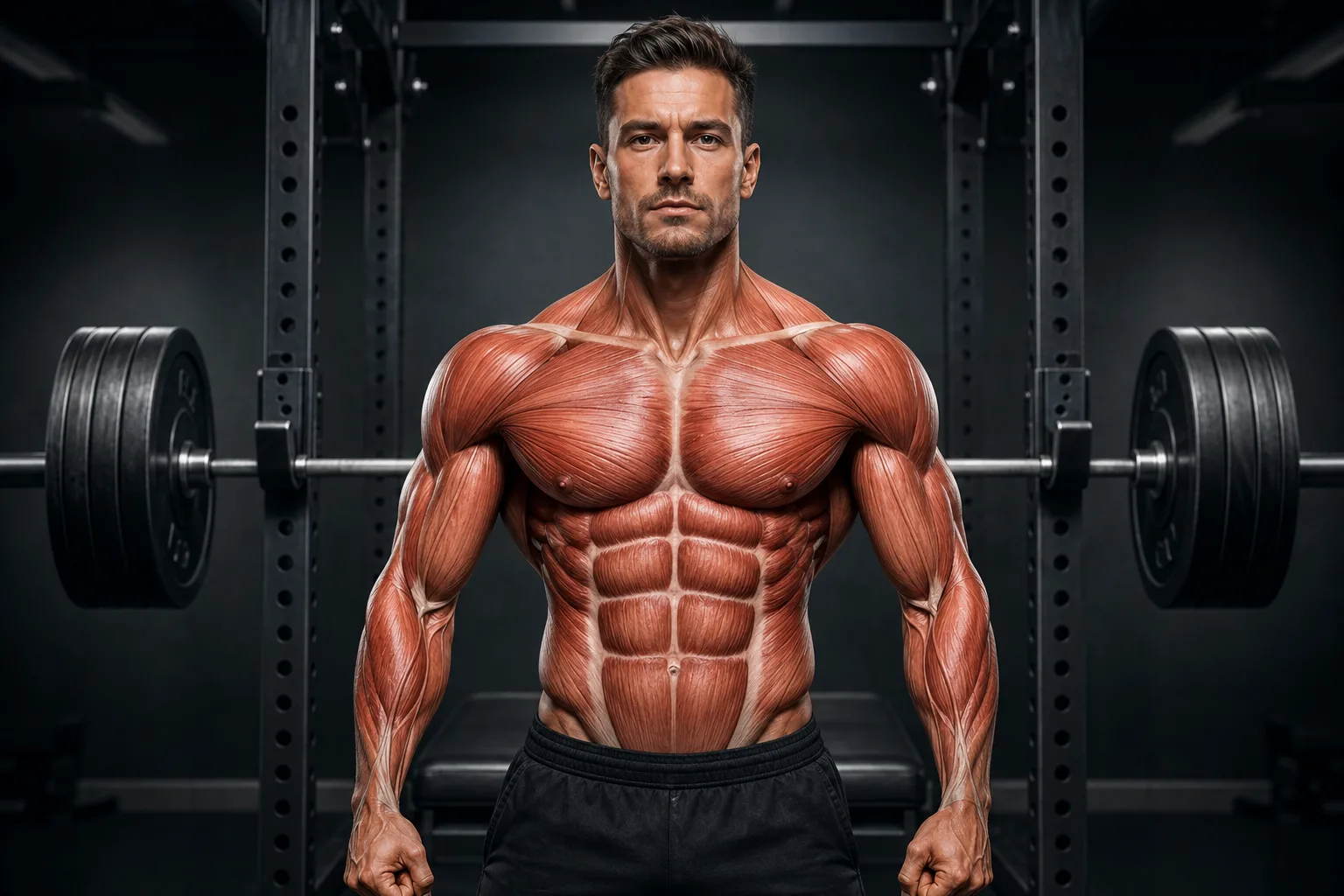 Man lifting dumbbells beside collagen powder and a shaker bottle
