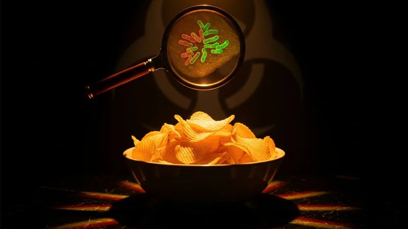 Potato chips spilling from a bag beside an FDA recall notice, illustrating a Class I salmonella contamination recall.