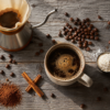 Coffee preparation setup with cinnamon, cocoa powder, protein, and quality beans illustrating methods to boost coffee health benefits.