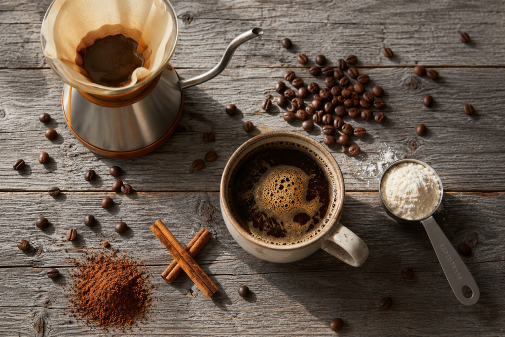 Coffee preparation setup with cinnamon, cocoa powder, protein, and quality beans illustrating methods to boost coffee health benefits.