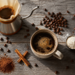 Coffee preparation setup with cinnamon, cocoa powder, protein, and quality beans illustrating methods to boost coffee health benefits.