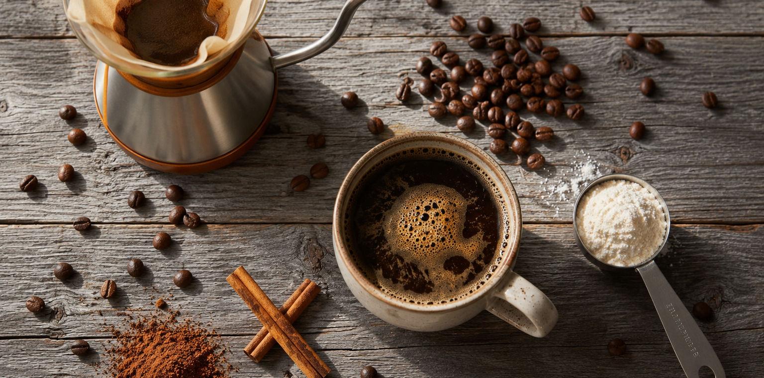 Coffee preparation setup with cinnamon, cocoa powder, protein, and quality beans illustrating methods to boost coffee health benefits.