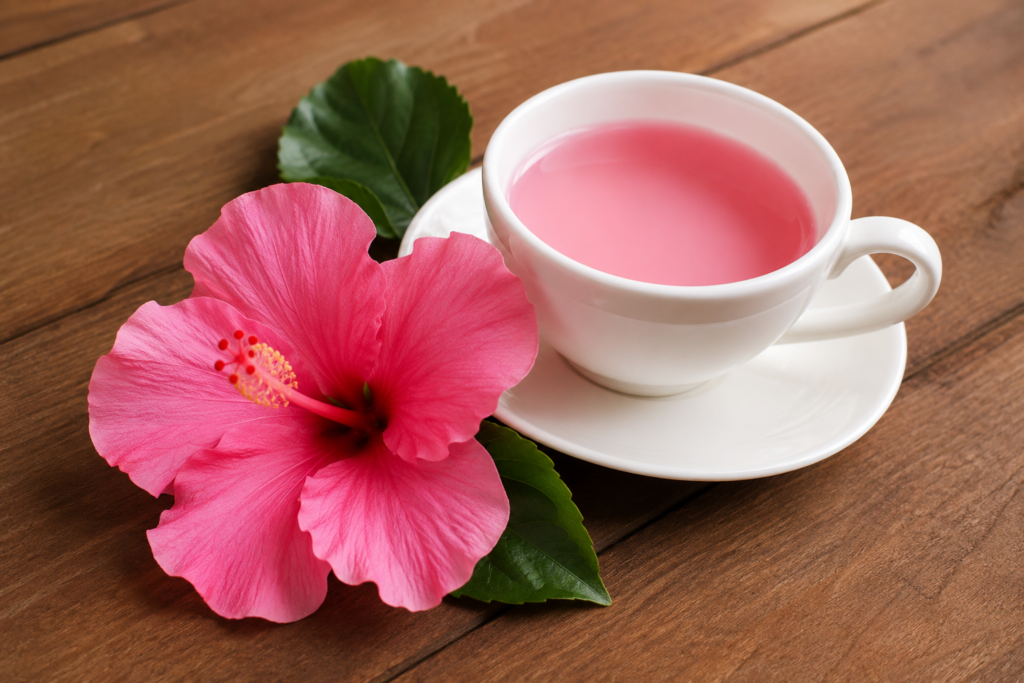 Deep red hibiscus tea in a glass teapot with three small cups on a sunlit wooden table, illustrating research on hibiscus and blood pressure.