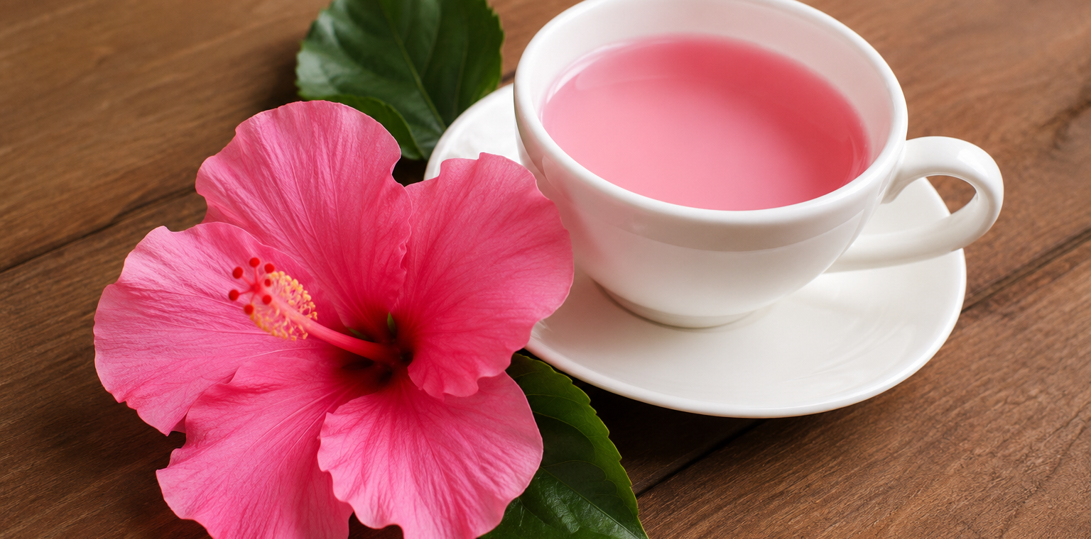 Deep red hibiscus tea in a glass teapot with three small cups on a sunlit wooden table, illustrating research on hibiscus and blood pressure.