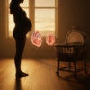 Laboratory notebook and holographic robot reviewing fetal scan, illustrating study on COVID-19 vaccines and first-trimester birth defects