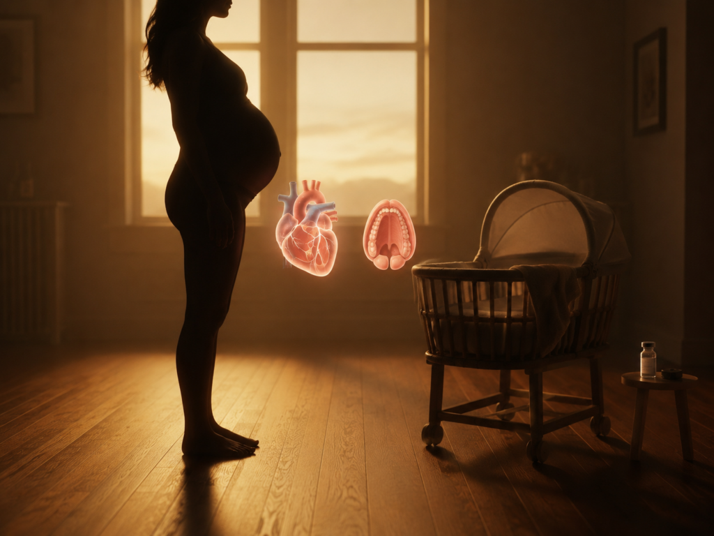 Laboratory notebook and holographic robot reviewing fetal scan, illustrating study on COVID-19 vaccines and first-trimester birth defects