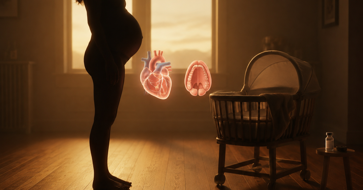 Laboratory notebook and holographic robot reviewing fetal scan, illustrating study on COVID-19 vaccines and first-trimester birth defects