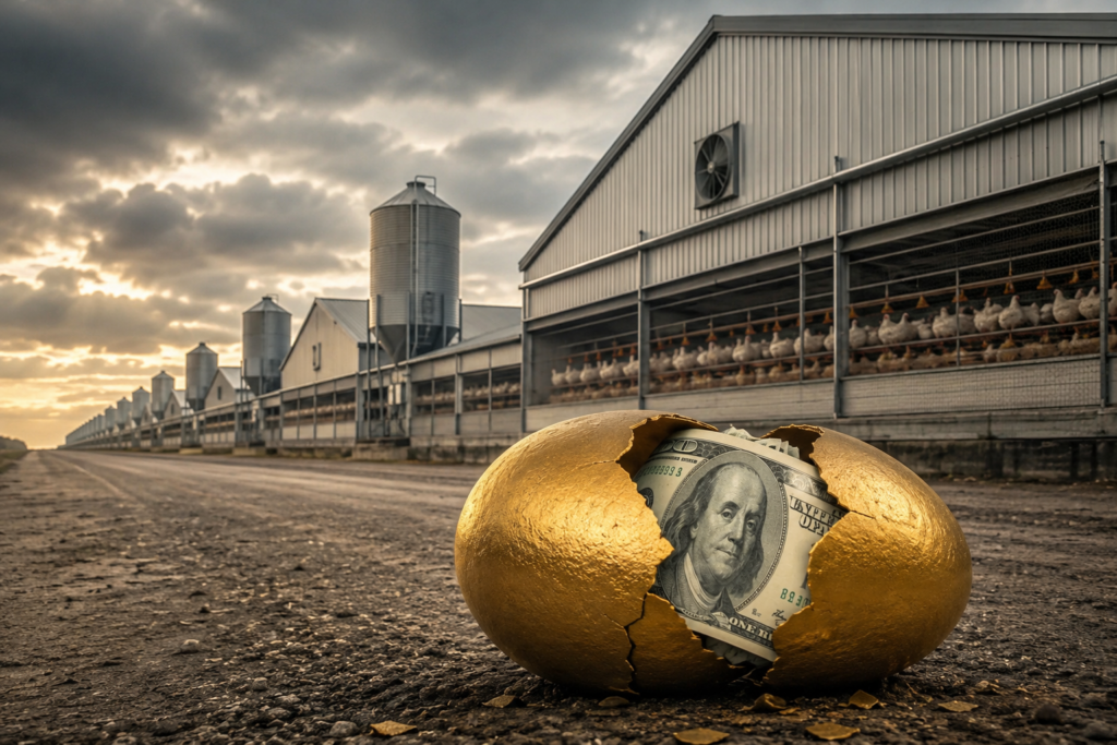 Egg carton with $6 price tag and holographic robot projecting a scale of justice, illustrating the egg producer price-fixing settlement.
