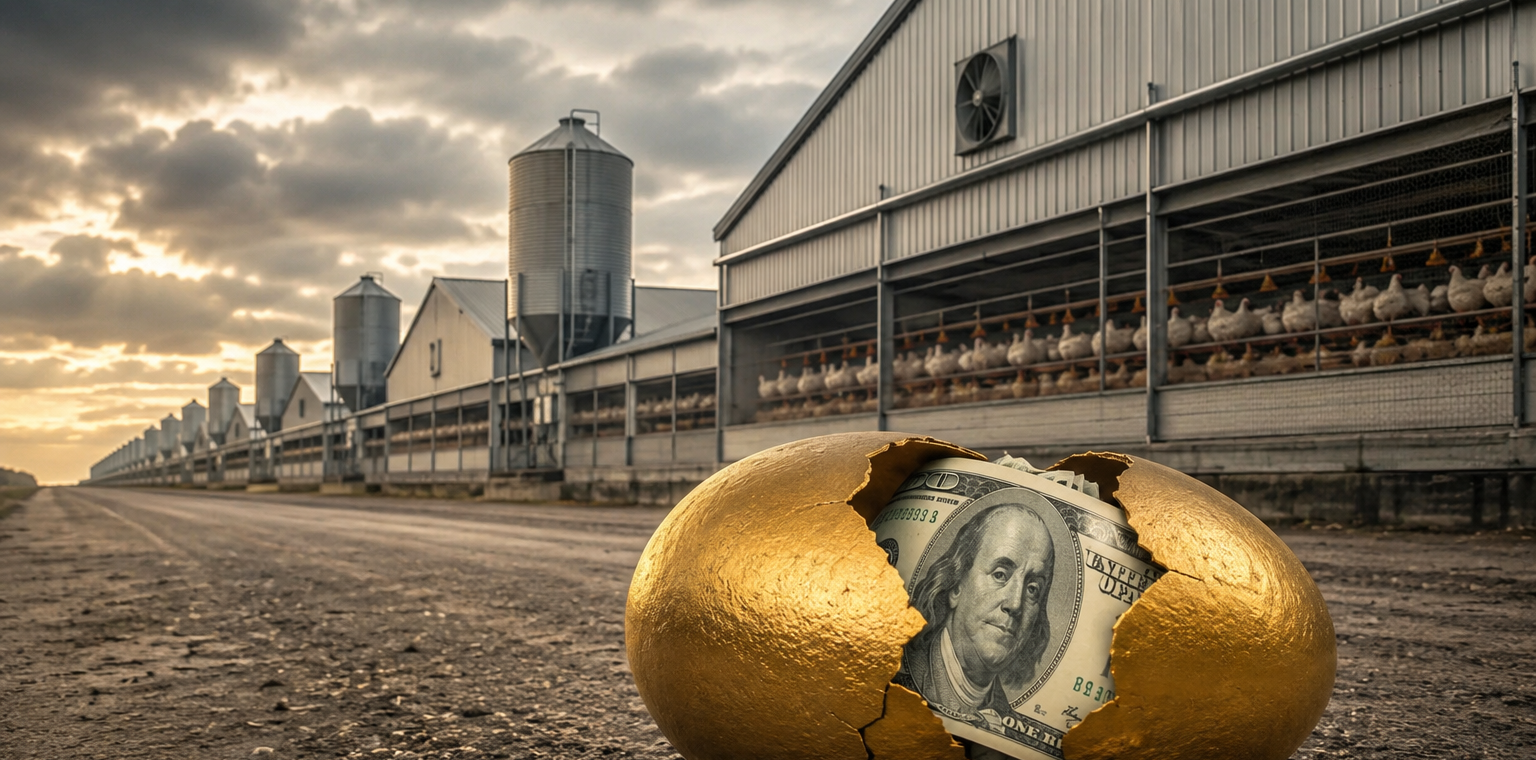 Egg carton with $6 price tag and holographic robot projecting a scale of justice, illustrating the egg producer price-fixing settlement.