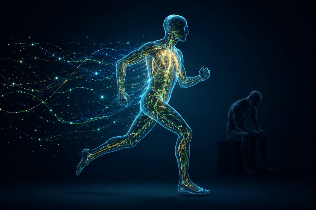 Illustration of the human lymphatic system with glowing vessels and lymph fluid flow, representing research linking lymphatic dysfunction to chronic disease.