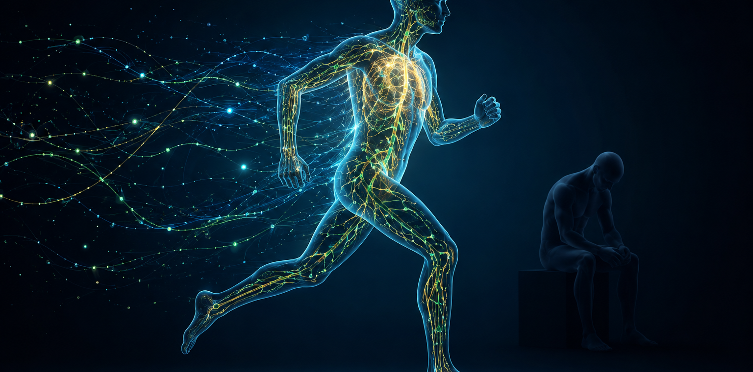 Illustration of the human lymphatic system with glowing vessels and lymph fluid flow, representing research linking lymphatic dysfunction to chronic disease.