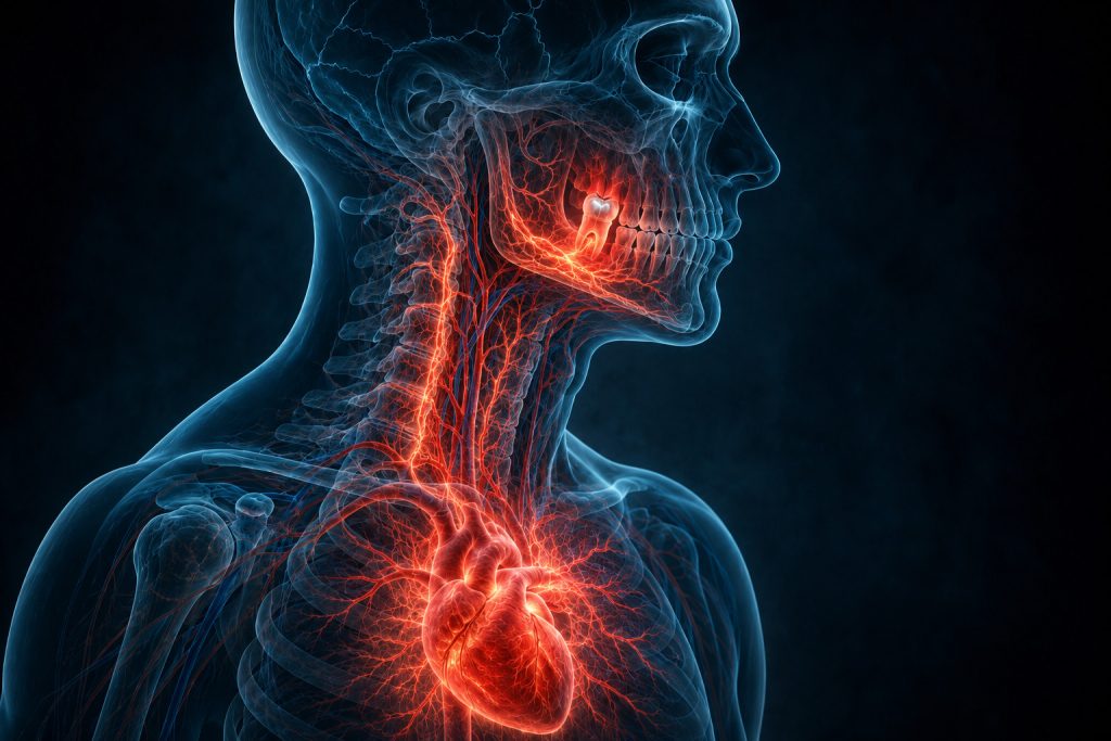 X-ray style illustration of a glowing tooth filling connected through blood vessels to the heart